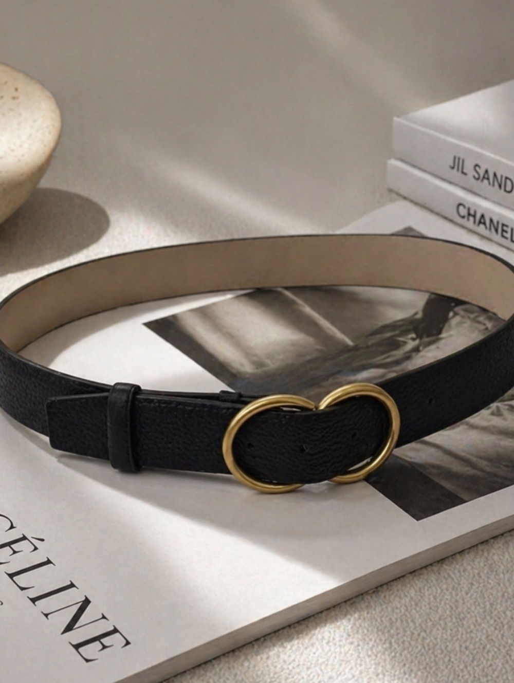Chic Black Faux Leather Belt with Brass Double Ring Buckle Size M